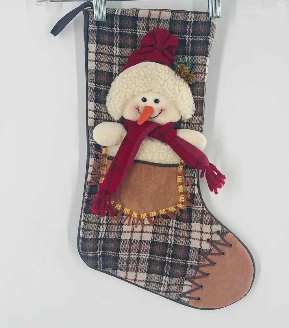 Western Plaid Christmas Stocking 3D Snowman Lace Up Faux Leather Country Folk